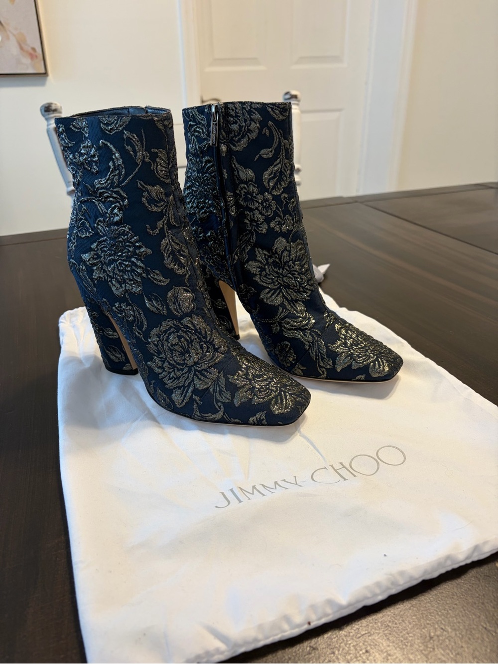 Jimmy Choo Navy and Gold Floral Brocade Ankle Boots